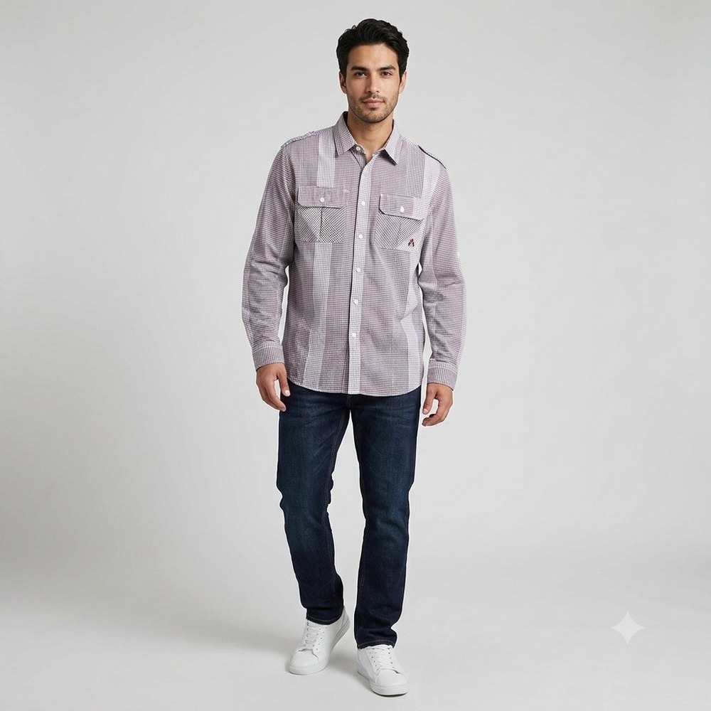 Akademiks Button Down Shirt Men XL Burgundy White Check Striped Long Sleeve